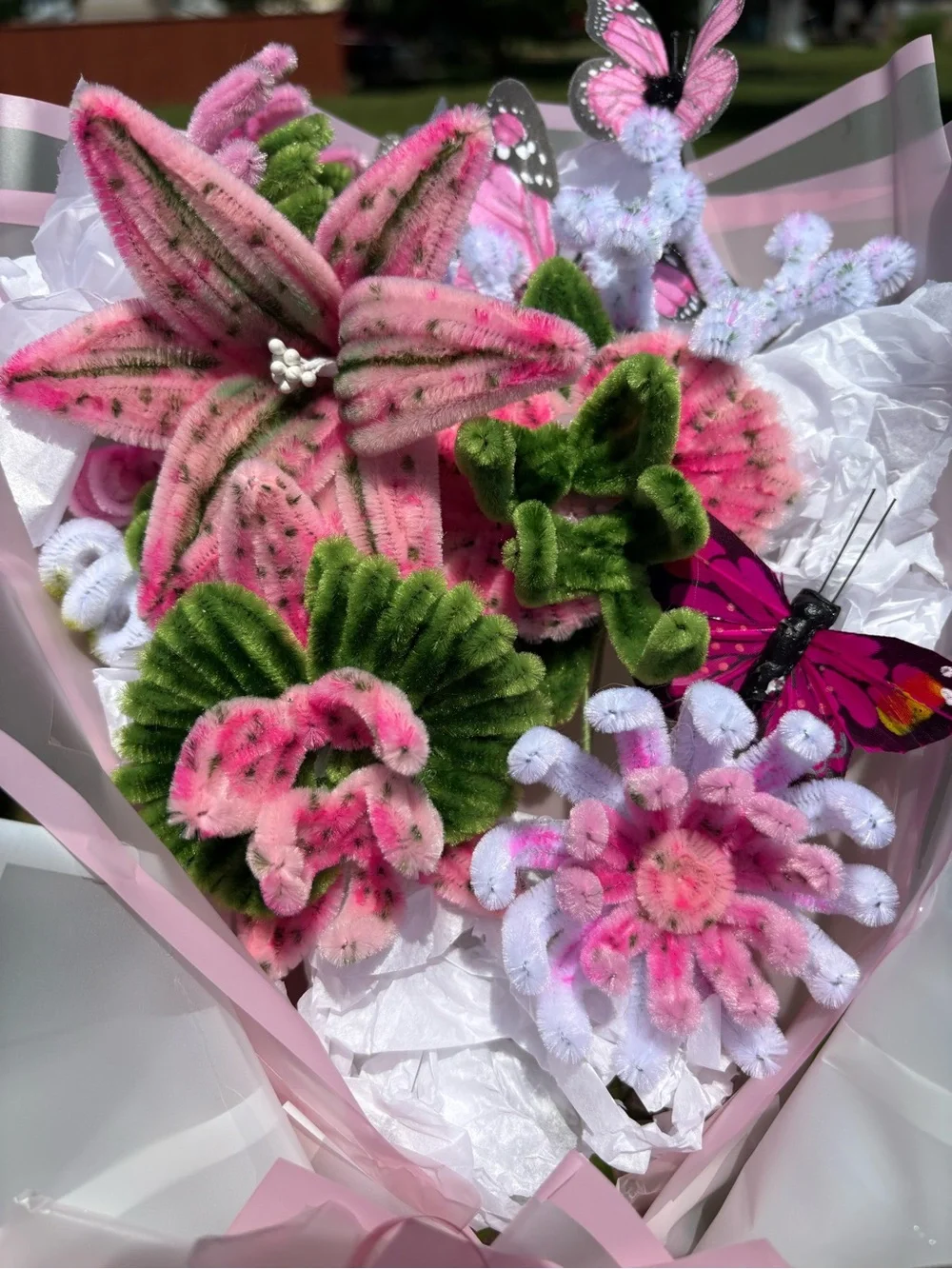 Handmade Pink & Green Felt Flower Bouquet